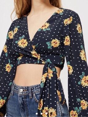 Topshop Sunflower Polka Dot Tie-Waist Crop Top with Bell Sleeves